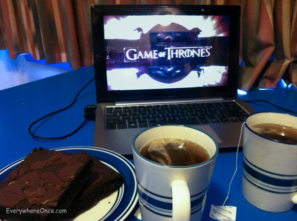 Settling into our temporary living room to catch up on some Game of Thrones