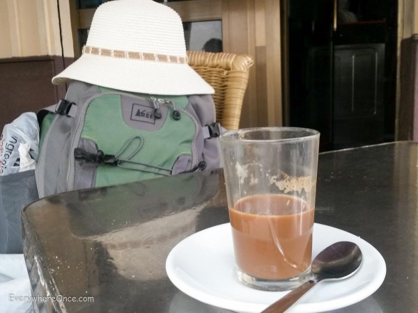 Shannon's bag enjoying a coffee in Spain